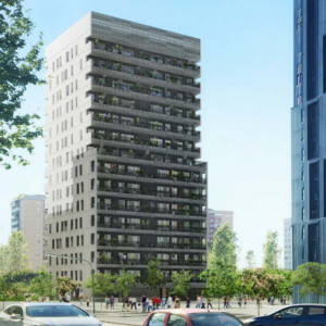 Torre residencial sostenible en Hospitalet con diseño eficiente y certificación energética. Proyecto de construcción sostenible con amplias terrazas y zonas verdes