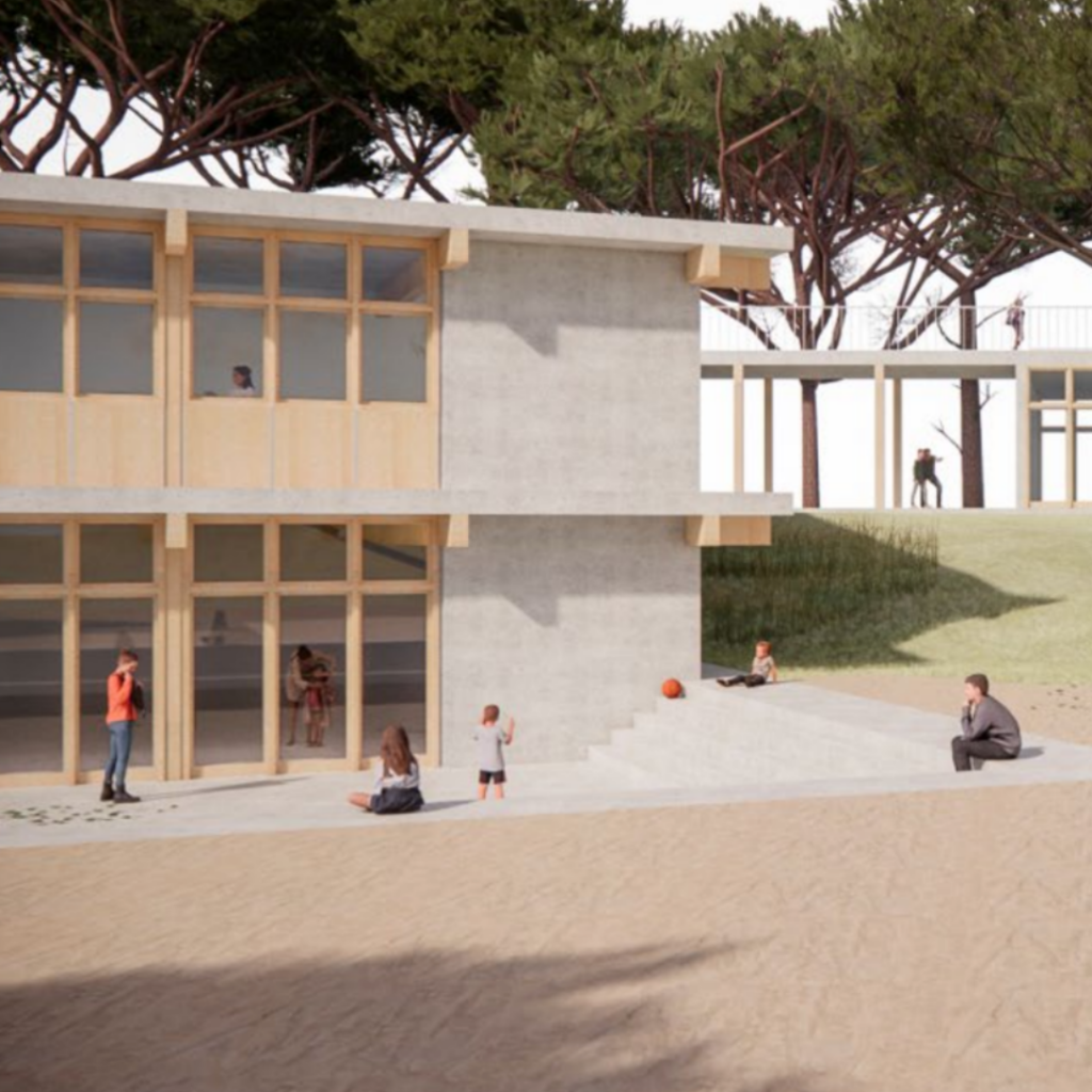Fachada de la Escuela BSB en Cabrera de Mar, un proyecto de construcción sostenible con materiales eficientes y certificación energética.