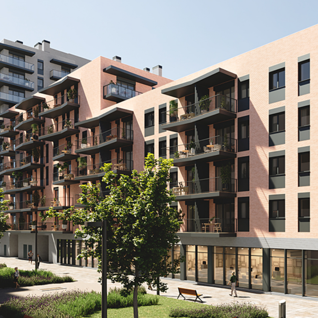 Edificio sostenible en Barcelona con diseño moderno y certificación energética. Construcción optimizada con balcones y espacios verdes.