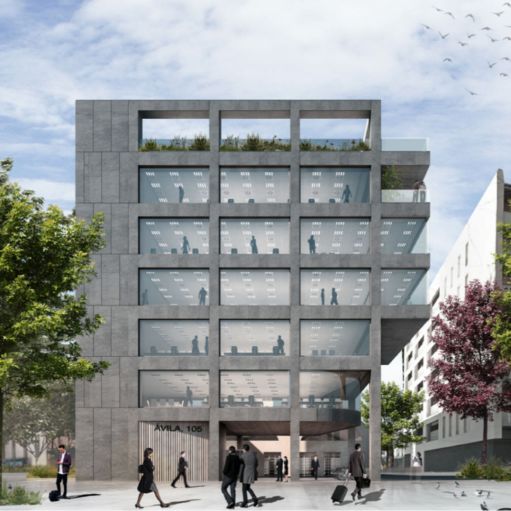 Edificio de oficinas sostenibles en Barcelona con certificación energética y diseño eficiente. Proyecto de construcción sostenible con fachada acristalada y azotea verde